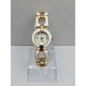 Avon White Enamel Gold Tone Link Bracelet Ladies Quartz Watch New Battery